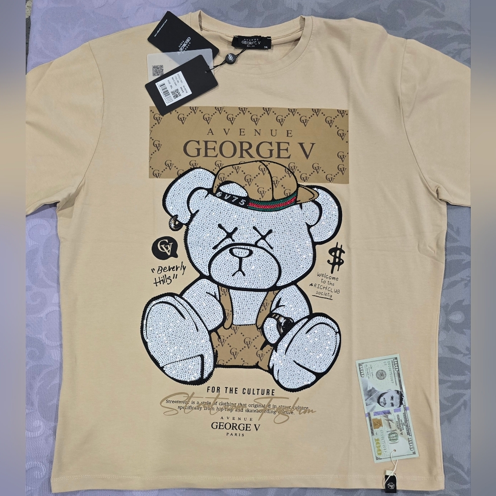 Ave George V Paris  Beige Graphic T-Shirt With Rhinstones